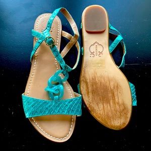 C Wonder Teal crocodile leather size 8 strappy sandals flats